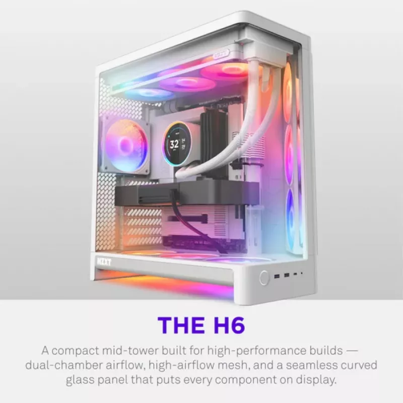 NZXT H6 2026 Mid-Tower Airflow Gaming -kotelo valkoinen Tempered Glass