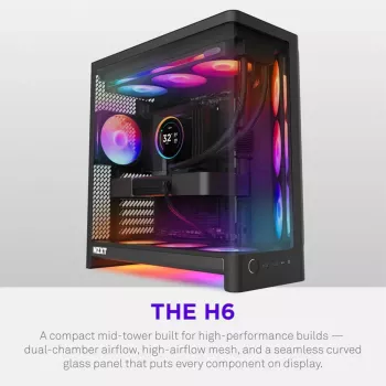 NZXT H6 RGB+ 2026 Mid-Tower Airflow Gaming -kotelo musta karkaistu lasi
