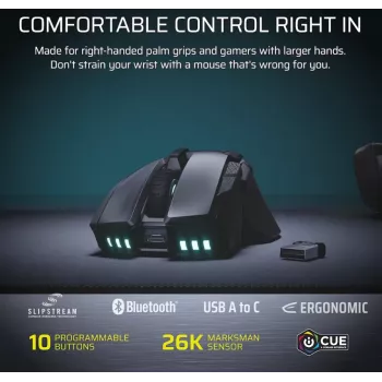 CORSAIR Ironclaw Wireless SE -pelihiiri - 26 000 DPI, optinen, SLIPSTREAM Wireless, Bluetooth, USB, RGB, musta