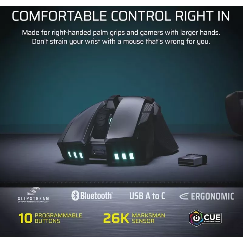 CORSAIR Ironclaw Wireless SE -pelihiiri - 26 000 DPI, optinen, SLIPSTREAM Wireless, Bluetooth, USB, RGB, musta