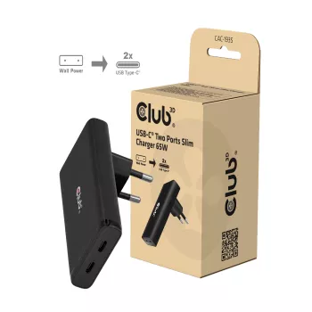 Club 3D CAC-1935 ohut 65W Dual-USB-C-GaN-PD-3.1-PPS-laturi, musta