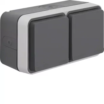 Hager WNC144 pinta-asennettava SCHUKO-kaksoispistorasia kippikannella, IP55, harmaa