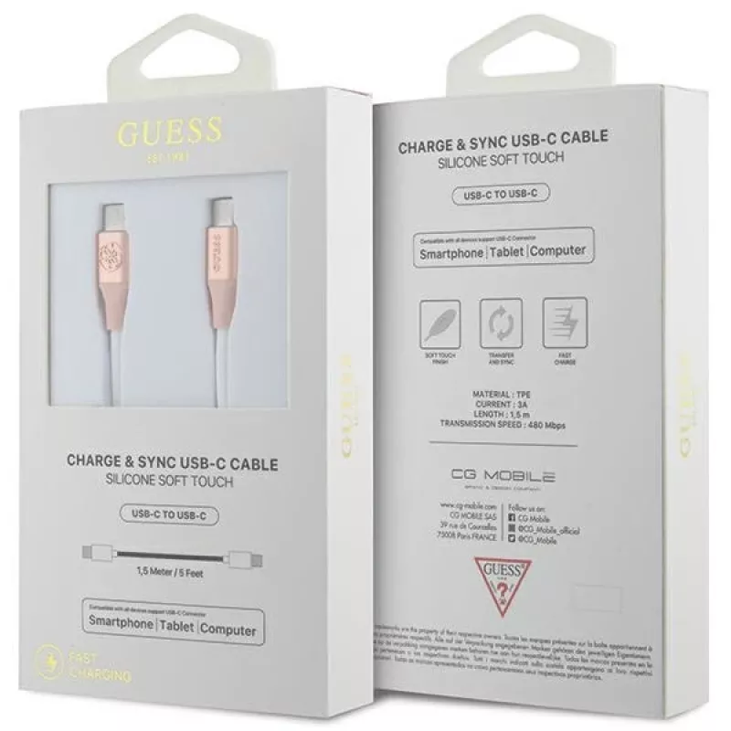 GUESS GUCCLALRGDP USB-C - USB-C pikalatauskaapeli 1,5 m pinkki kohokuvioidulla logolla
