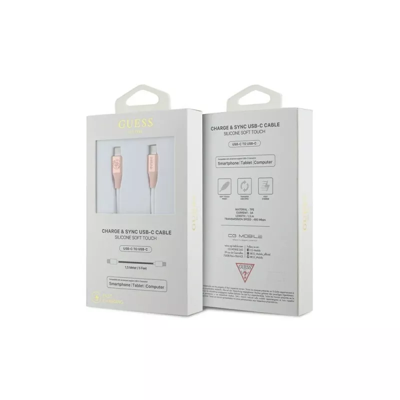 GUESS GUCCLALRGDP USB-C - USB-C pikalatauskaapeli 1,5 m pinkki kohokuvioidulla logolla