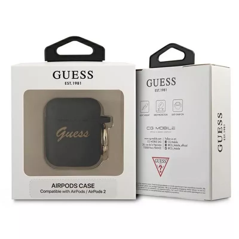 Guess GUA2SSSK AirPods 1/2 kotelo musta silikoni Vintage Script
