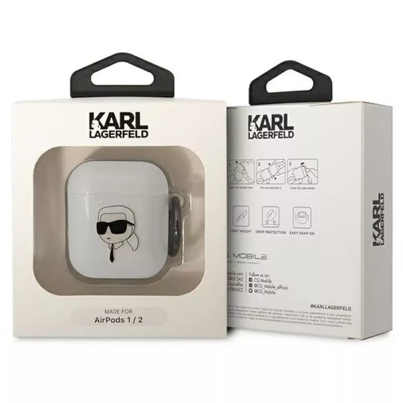 Karl Lagerfeld KLA2HNIKTCT läpinäkyvä AirPods 1/2 kotelo Karl's Head -kuviolla