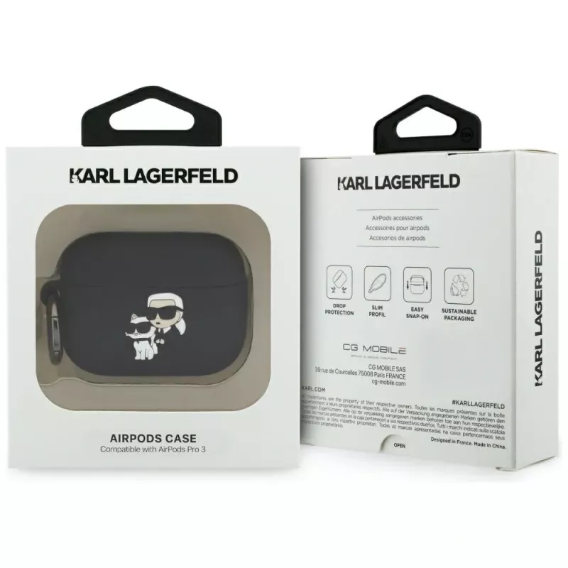 Karl Lagerfeld silikoninen Karl & Choupette Head 3D -kuori AirPods Pro 3 -kuulokkeille, musta