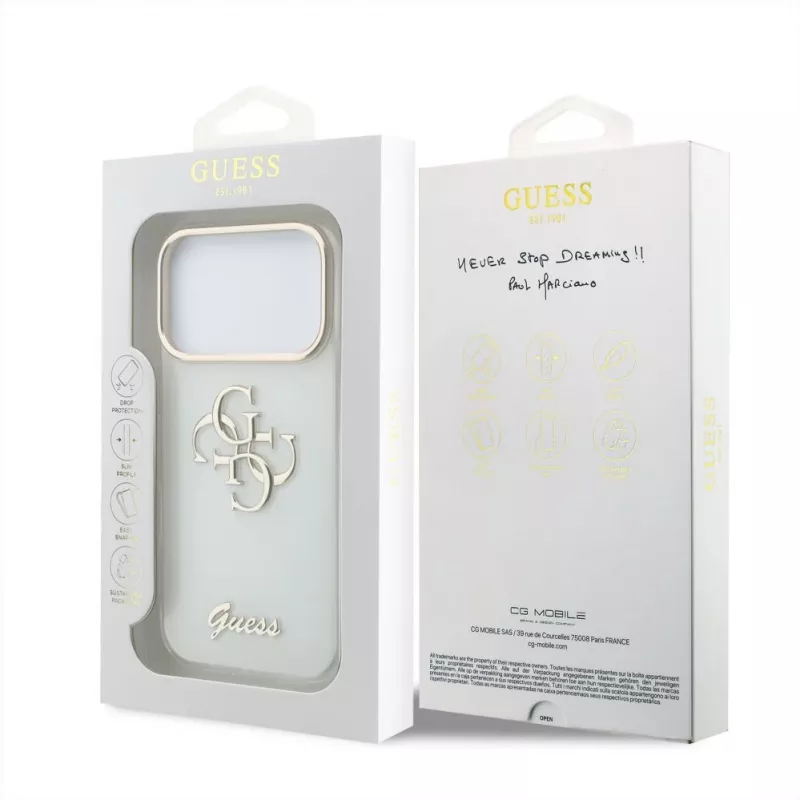GUESS 4G Script Metal suojakotelo iPhone 18 Pro Max / 17 Pro Max -laitteelle - valkoinen