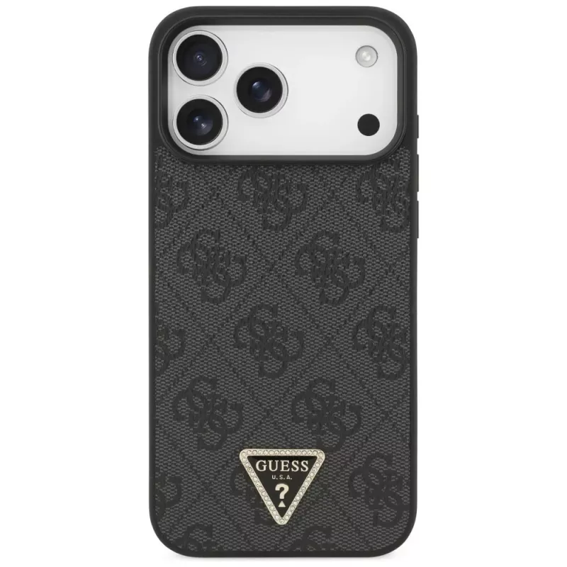 GUESS nahka 4G Triangle Strass MagSafe -kotelo iPhone 18 Pro Max / 17 Pro Max -laitteelle - musta