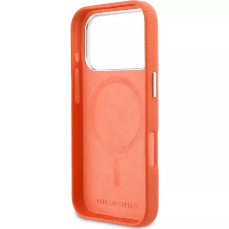 Karl Lagerfeld Karl & Choupette Head Pins Saffiano MagSafe -kotelo iPhone 17 Pro Max -laitteelle – oranssi