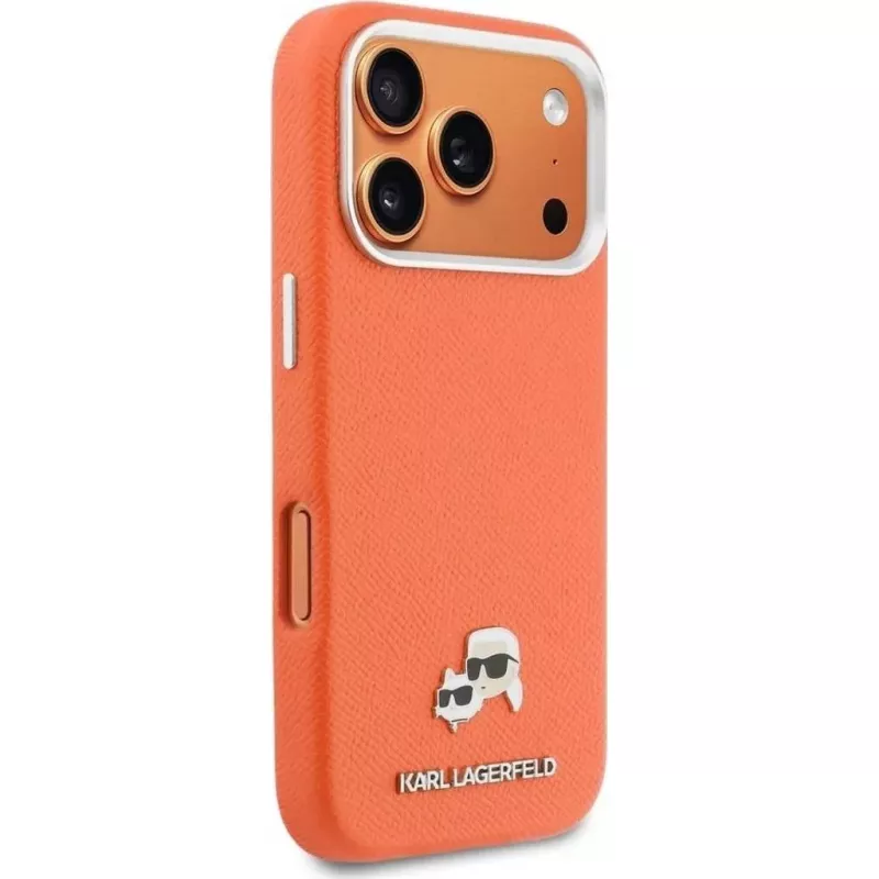 Karl Lagerfeld Karl & Choupette Head Pins Saffiano MagSafe -kotelo iPhone 17 Pro Max -laitteelle – oranssi