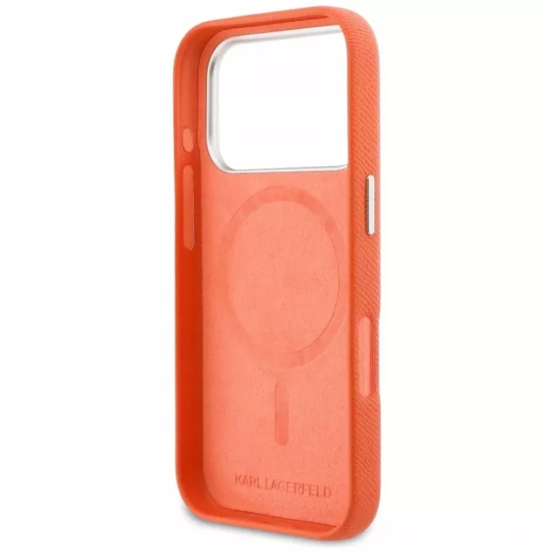 Karl Lagerfeld Karl & Choupette Head Pins Saffiano MagSafe -kotelo iPhone 17 Pro -laitteelle - oranssi