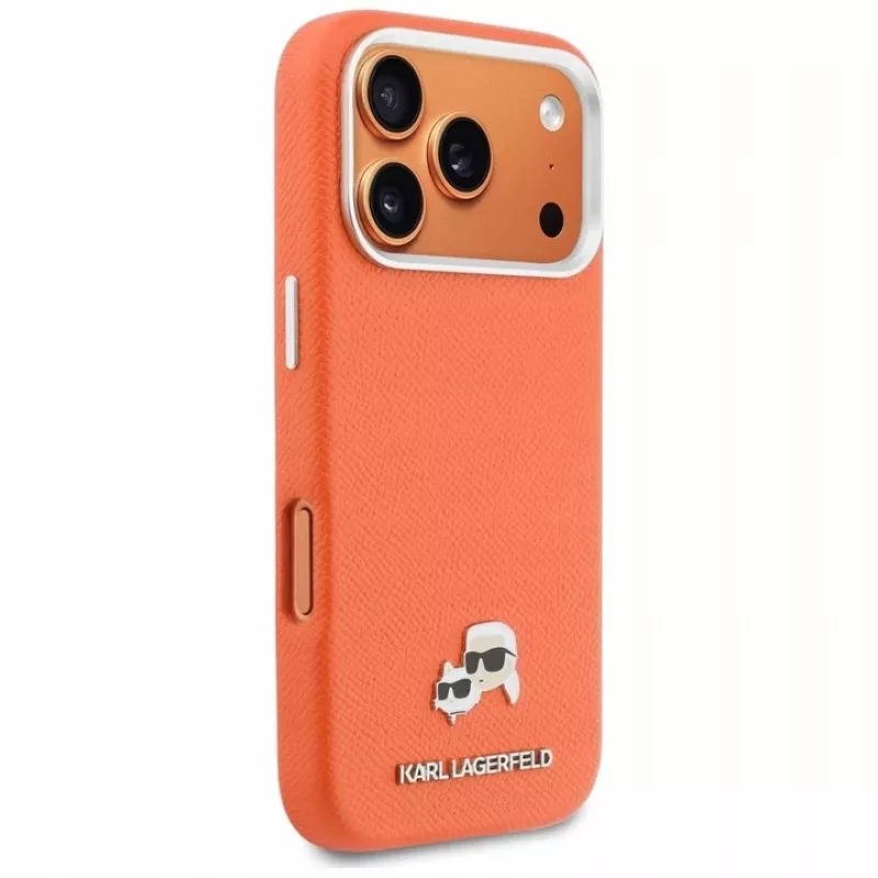 Karl Lagerfeld Karl & Choupette Head Pins Saffiano MagSafe -kotelo iPhone 17 Pro -laitteelle - oranssi