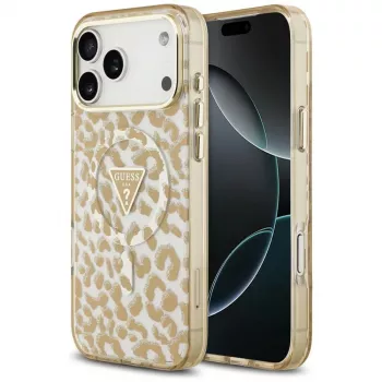 GUESS IML Leopard Glitter Triangle Logo MagSafe -kuori iPhone 18 Pro / 17 Pro -puhelimille, ruskea