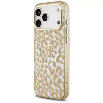 GUESS IML Leopard Glitter Triangle Logo MagSafe -kuori iPhone 18 Pro / 17 Pro -puhelimille, ruskea