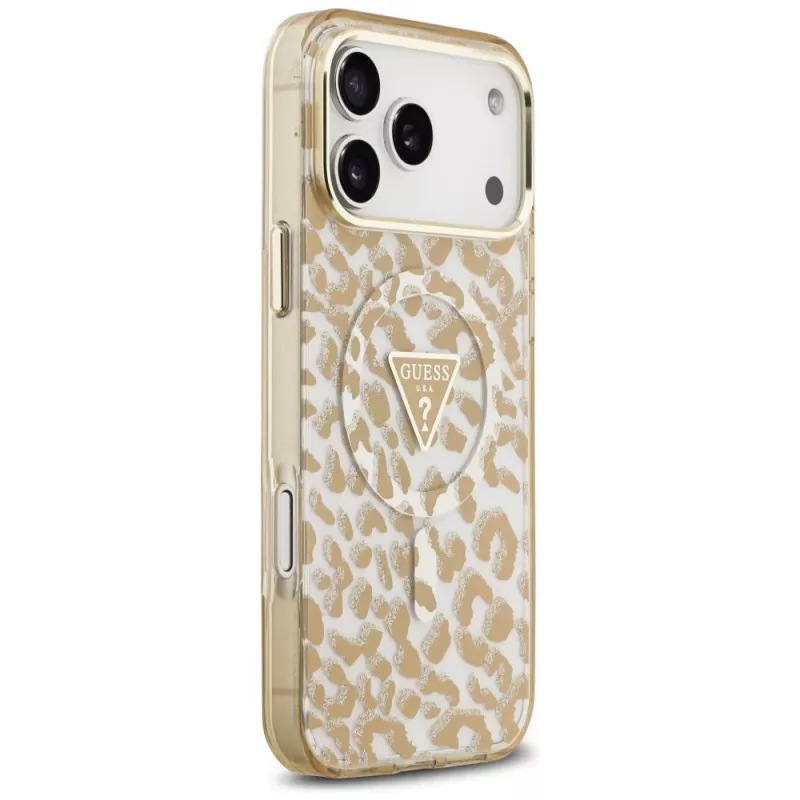 GUESS IML Leopard Glitter Triangle Logo MagSafe -kuori iPhone 18 Pro / 17 Pro -puhelimille, ruskea