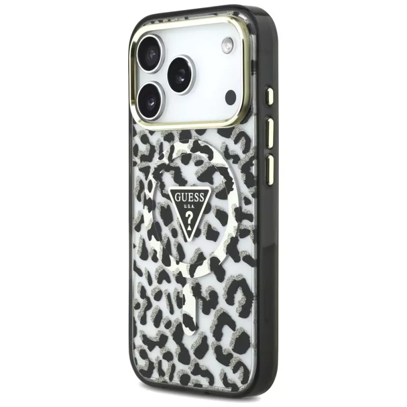 GUESS IML Leopard Glitter Triangle Logo MagSafe -kuori iPhone 18 Pro / 17 Pro - musta