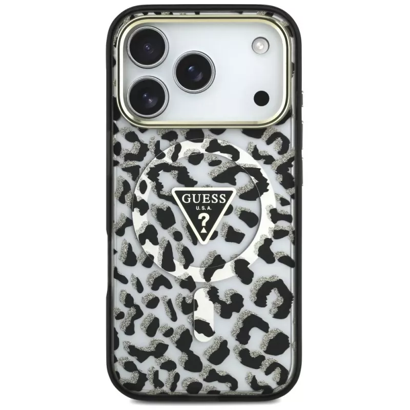 GUESS IML Leopard Glitter Triangle Logo MagSafe -kuori iPhone 18 Pro / 17 Pro - musta