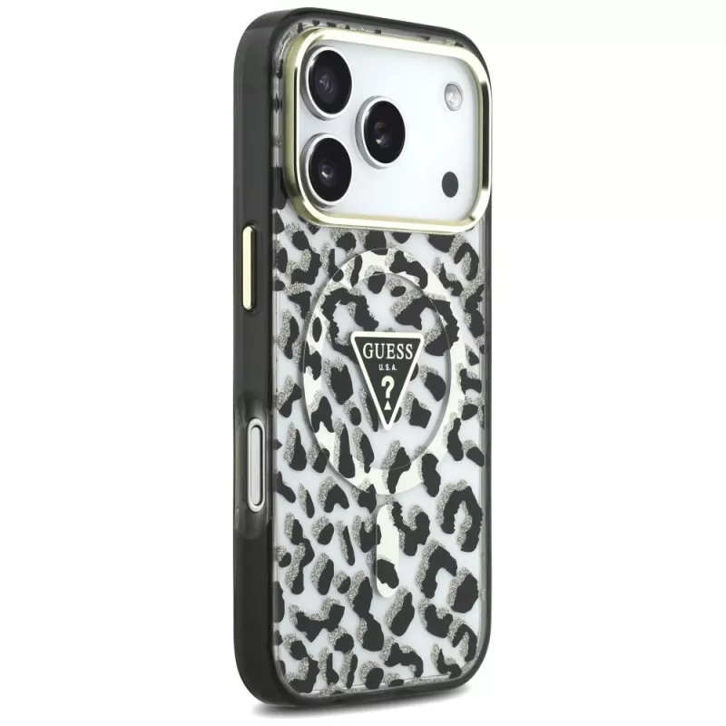 GUESS IML Leopard Glitter Triangle Logo MagSafe -kuori iPhone 18 Pro / 17 Pro - musta