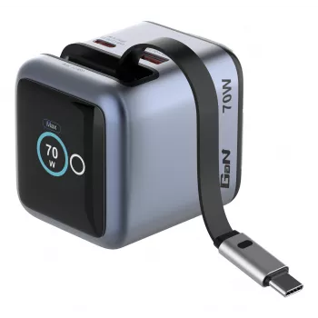 Verbatim Mini GaN-laturi 70W sisäänvedettävällä USB-C-kaapelilla