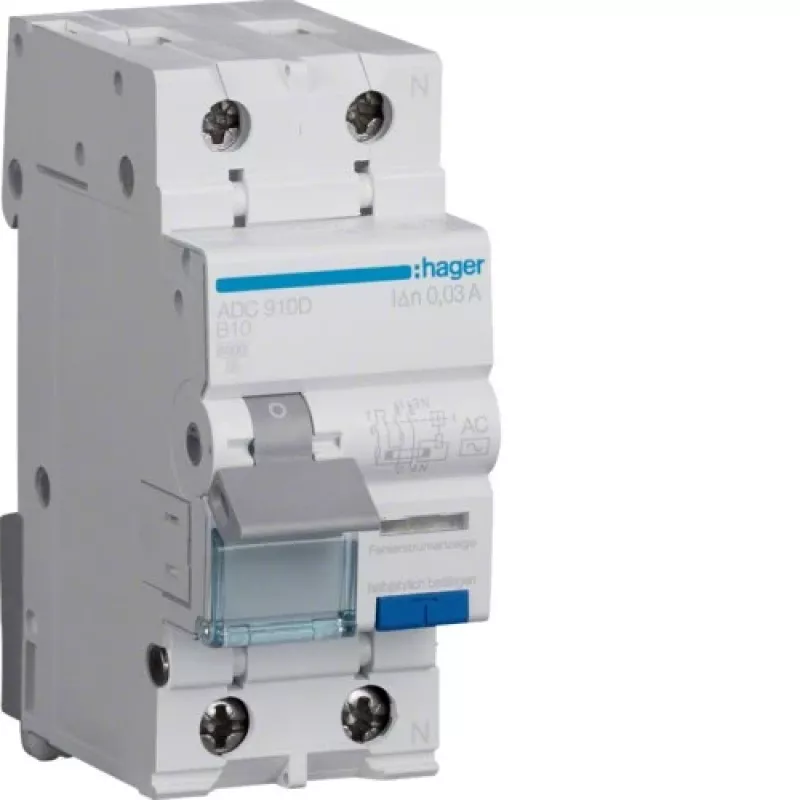 Hager ADC910D RCBO 2P 10A 30mA tyyppi AC vikavirtasuojakytkin ylivirtasuojalla