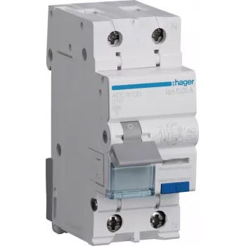 Hager ADC910D RCBO 2P 10A 30mA tyyppi AC vikavirtasuojakytkin ylivirtasuojalla