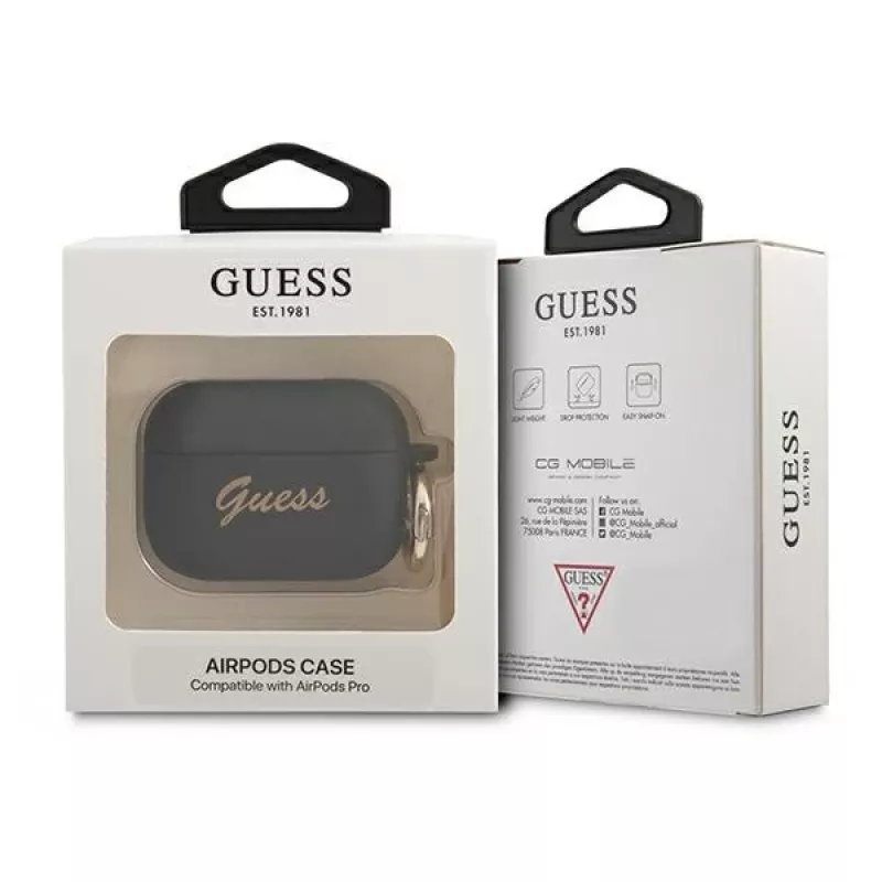 GUESS GUAPSSSK AirPods Pro -kotelo musta silikoni Vintage Script