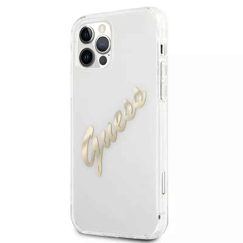 GUESS Vintage Script Gold hardcase Apple iPhone 12 Pro Max -läpinäkyvä