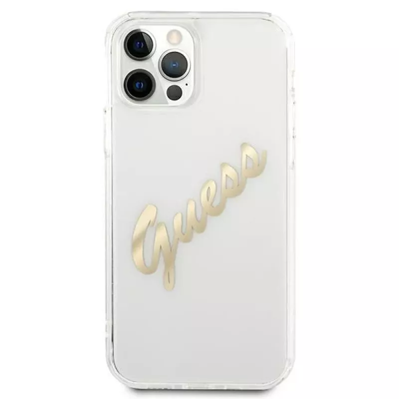 GUESS Vintage Script Gold hardcase Apple iPhone 12 Pro Max -läpinäkyvä