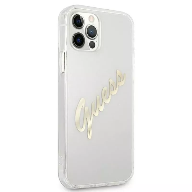 GUESS Vintage Script Gold hardcase Apple iPhone 12 Pro Max -läpinäkyvä