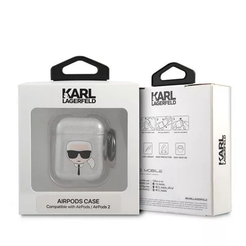 Karl Lagerfeld KLA2UKHGS AirPods 1/2 -kotelo hopea glitter Karl's Head