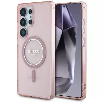 GUESS Glitter Circle Classic Logo MagSafe-kotelo Samsung Galaxy S25 Ultra - pinkki