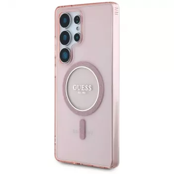 GUESS Glitter Circle Classic Logo MagSafe-kotelo Samsung Galaxy S25 Ultra - pinkki