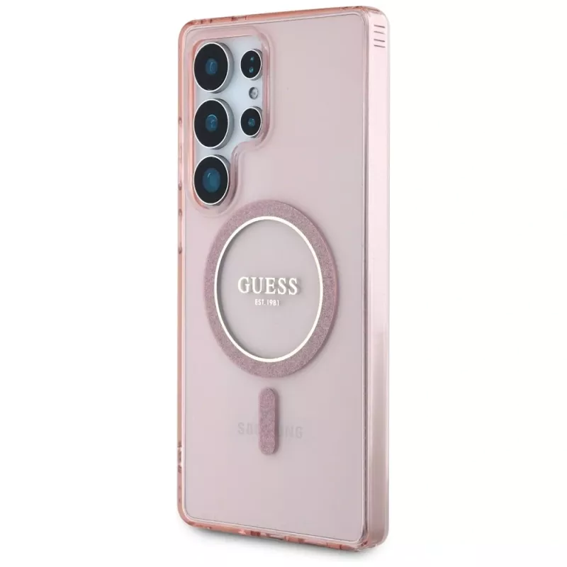 GUESS Glitter Circle Classic Logo MagSafe-kotelo Samsung Galaxy S25 Ultra - pinkki