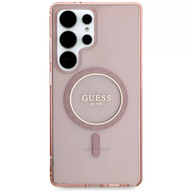 GUESS Glitter Circle Classic Logo MagSafe-kotelo Samsung Galaxy S25 Ultra - pinkki