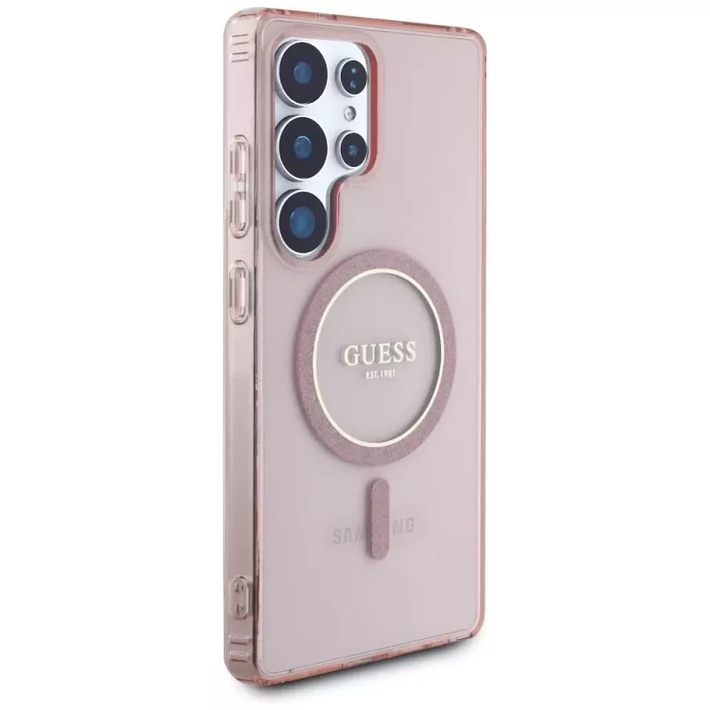 GUESS Glitter Circle Classic Logo MagSafe-kotelo Samsung Galaxy S25 Ultra - pinkki
