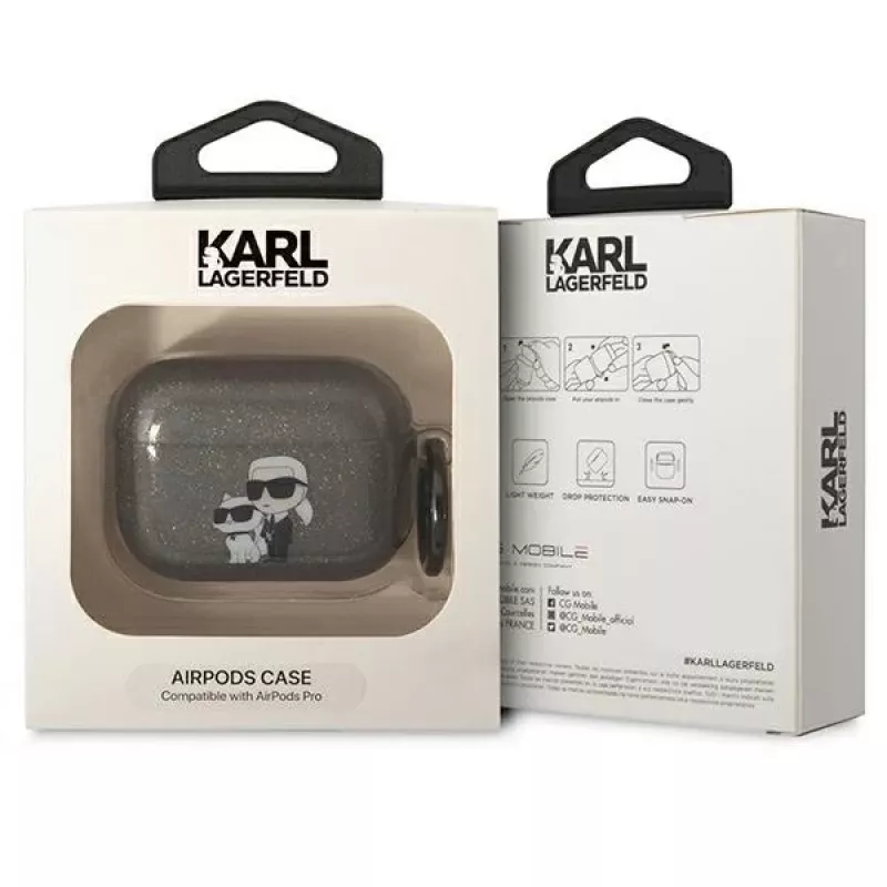 Karl Lagerfeld KLAPHNKCTGK AirPods Pro -kotelo glitter Karl & Choupette musta