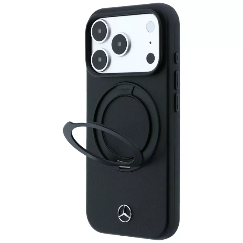 Mercedes Nahkakuori sormusjalustalla MagSafe iPhone 18 Pro / 17 Pro -puhelimelle, musta