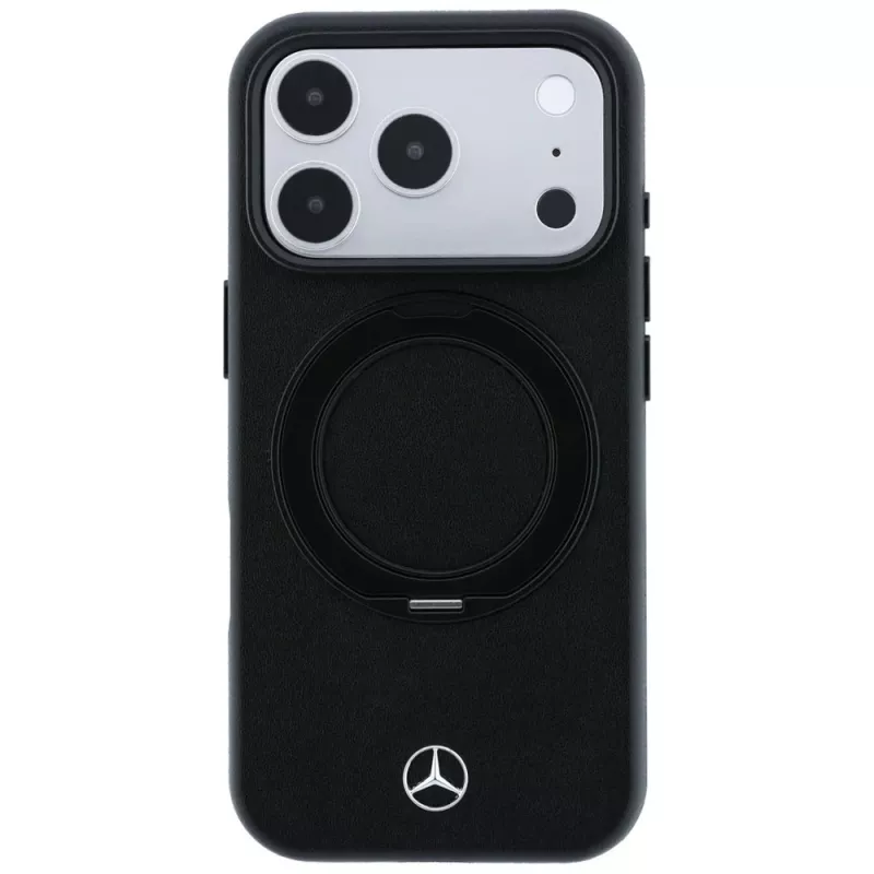 Mercedes Nahkakuori sormusjalustalla MagSafe iPhone 18 Pro / 17 Pro -puhelimelle, musta