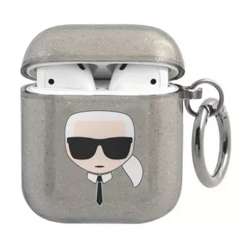 Karl Lagerfeld KLA2UKHGK AirPods 1/2 -kuori musta glitter Karlin pää