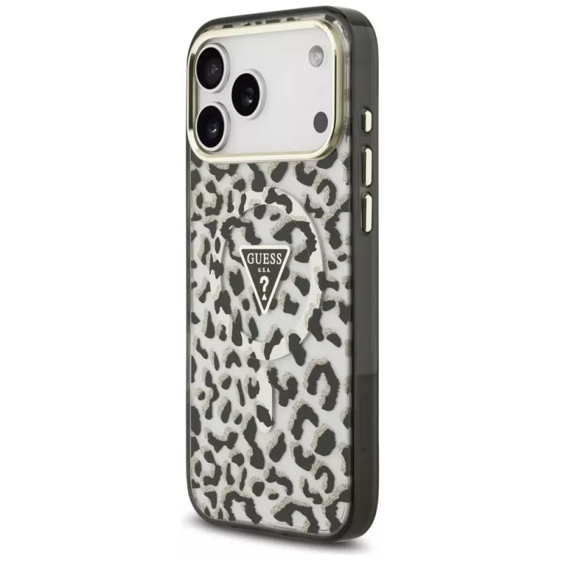 GUESS IML Leopard Glitter Triangle Logo MagSafe-kotelo iPhone 18 Pro Max / 17 Pro Max - musta