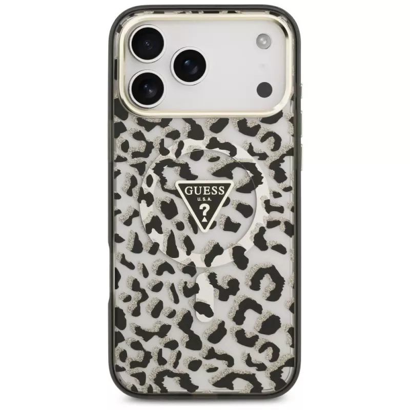 GUESS IML Leopard Glitter Triangle Logo MagSafe-kotelo iPhone 18 Pro Max / 17 Pro Max - musta