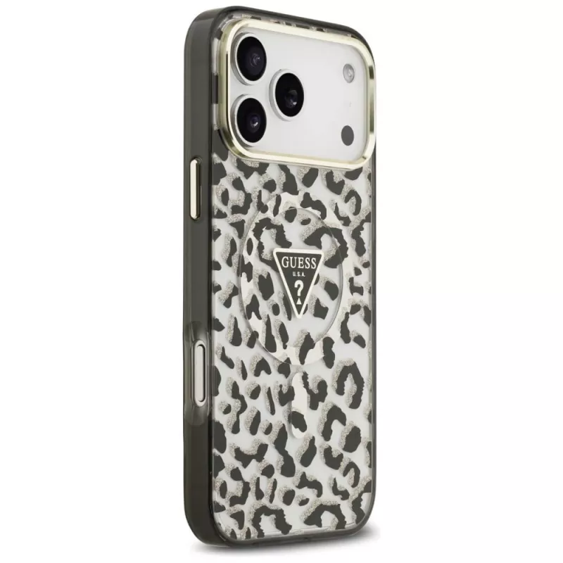 GUESS IML Leopard Glitter Triangle Logo MagSafe-kotelo iPhone 18 Pro Max / 17 Pro Max - musta