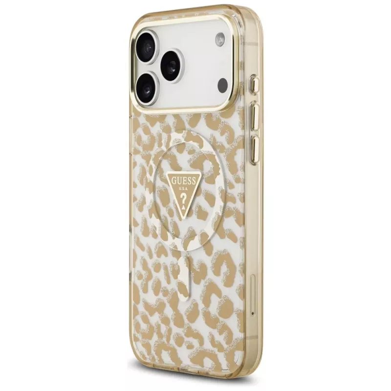 GUESS IML Leopard Glitter Triangle Logo MagSafe -kotelo iPhone 18 Pro Max / 17 Pro Max - ruskea