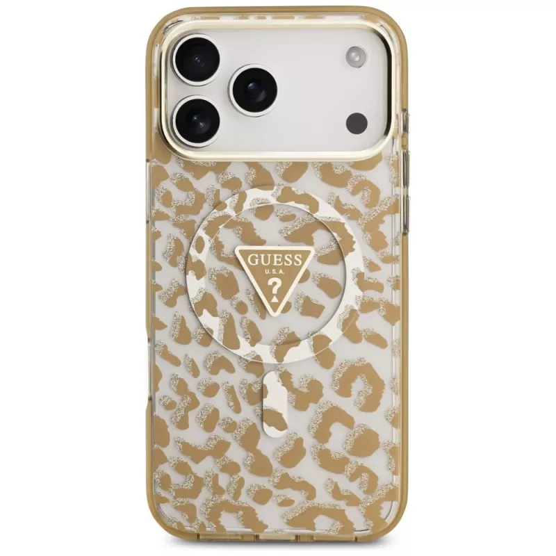 GUESS IML Leopard Glitter Triangle Logo MagSafe -kotelo iPhone 18 Pro Max / 17 Pro Max - ruskea
