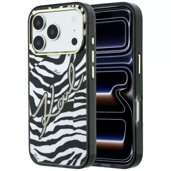 Karl Lagerfeld IML Signature Zebra Glitter MagSafe -kotelo iPhone 18 Pro / 17 Pro - kulta