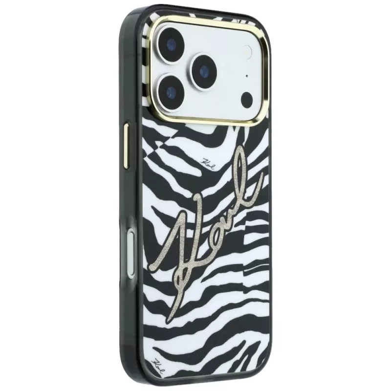 Karl Lagerfeld IML Signature Zebra Glitter MagSafe -kotelo iPhone 18 Pro / 17 Pro - kulta