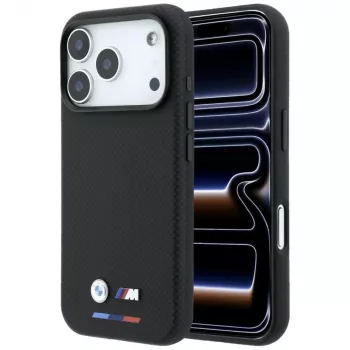 BMW M Quadrille Kevlar MagSafe -kotelo iPhone 18 Pro Max / 17 Pro Max - musta trikolorilla ja metallilogolla