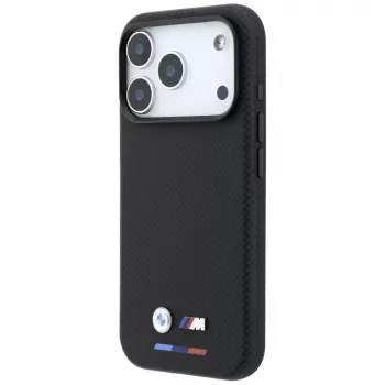 BMW M Quadrille Kevlar MagSafe -kotelo iPhone 18 Pro Max / 17 Pro Max - musta trikolorilla ja metallilogolla