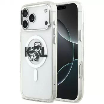 Karl Lagerfeld IML Glitter Karl & Choupette Sketch Logo MagSafe -kotelo iPhone 17 Pro Max, läpinäkyvä